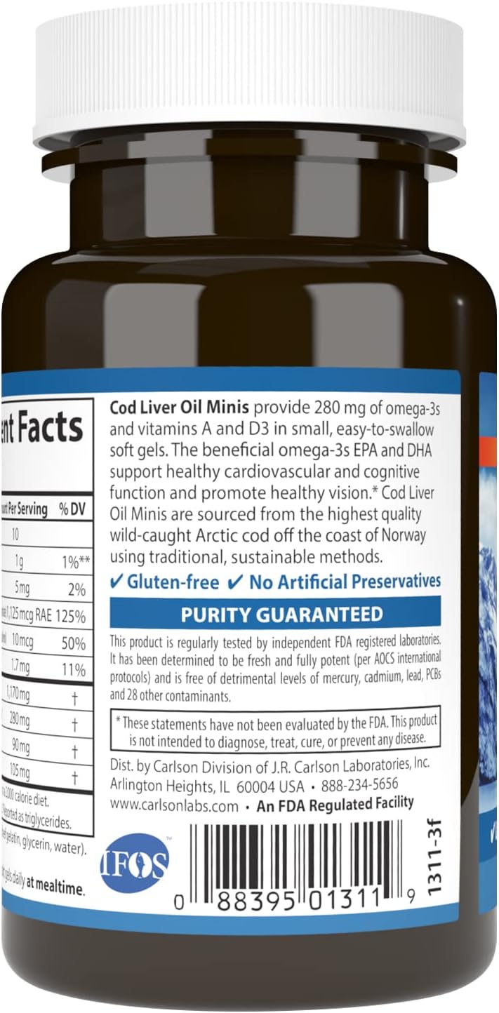 Carlson Cod Liver Oil Mini Softgels - 280mg Omega-3s, Vitamins A & D3, Norwegian, Wild Caught, Sustainably Sourced