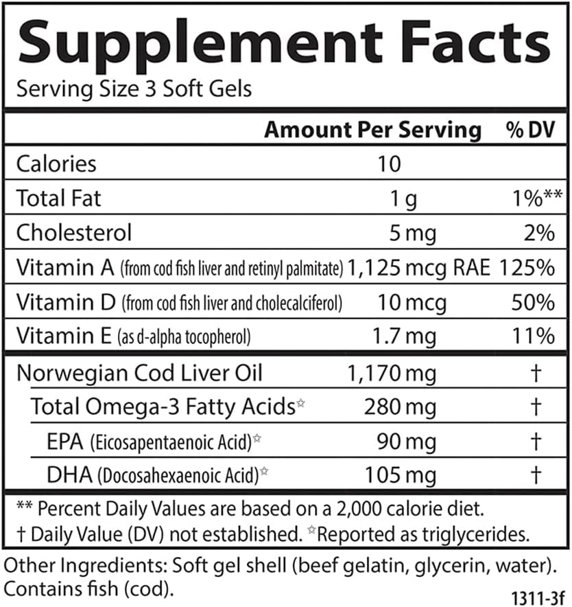 Carlson Cod Liver Oil Mini Softgels - 280mg Omega-3s, Vitamins A & D3, Norwegian, Wild Caught, Sustainably Sourced