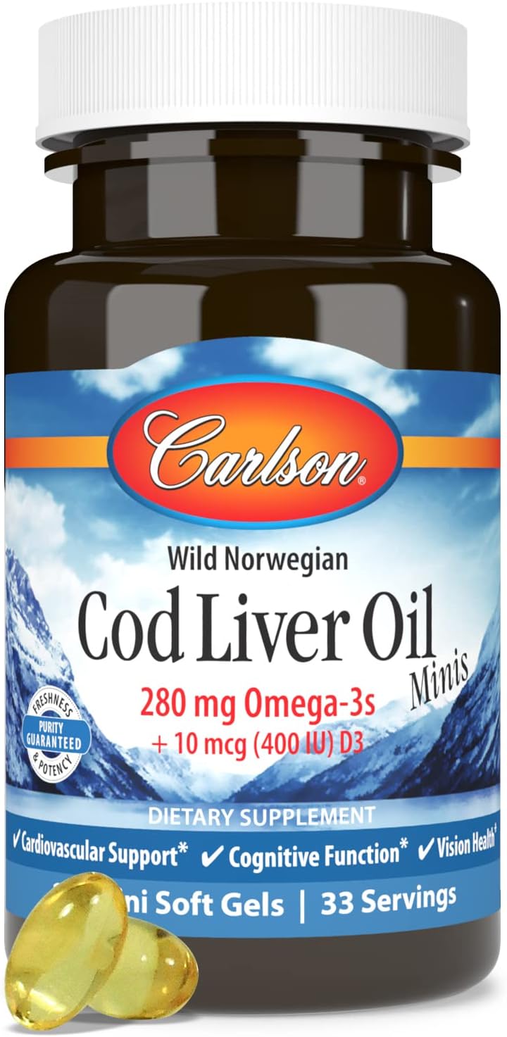Carlson Cod Liver Oil Mini Softgels - 280mg Omega-3s, Vitamins A & D3, Norwegian, Wild Caught, Sustainably Sourced