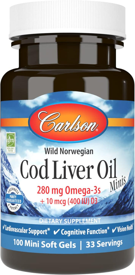 Carlson Cod Liver Oil Mini Softgels - Heart & Cognitive Support, Vision Health - 100 Count