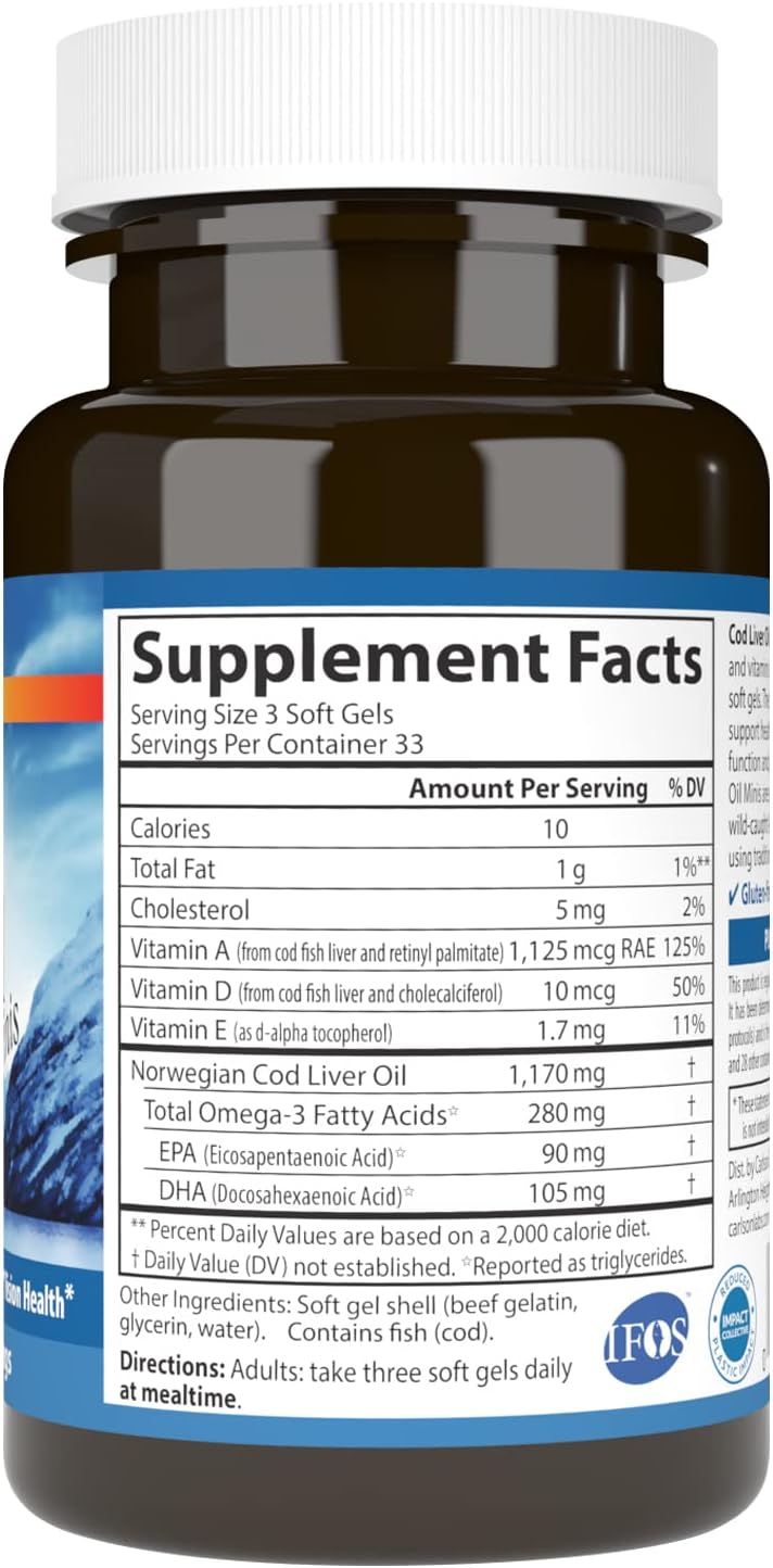 Carlson Cod Liver Oil Mini Softgels - Heart & Cognitive Support, Vision Health - 100 Count