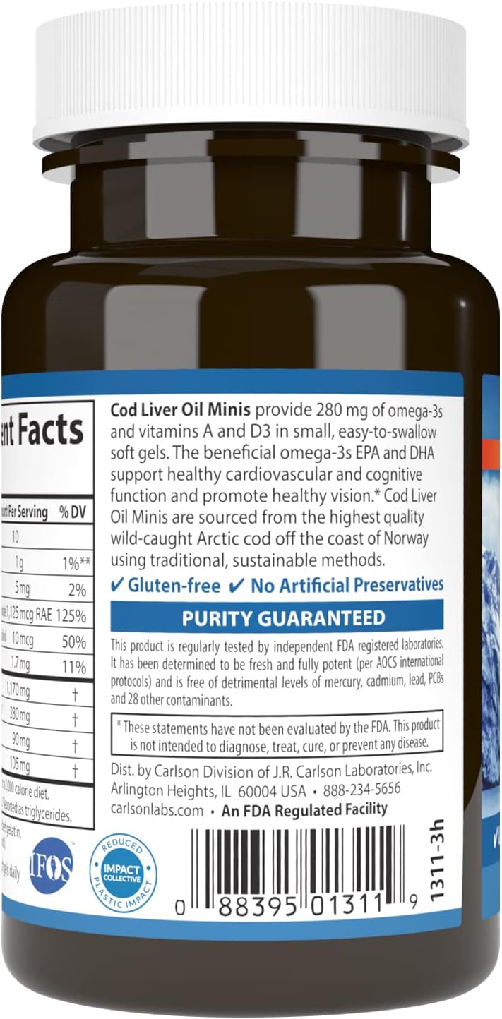 Carlson Cod Liver Oil Mini Softgels - Heart & Cognitive Support, Vision Health - 100 Count