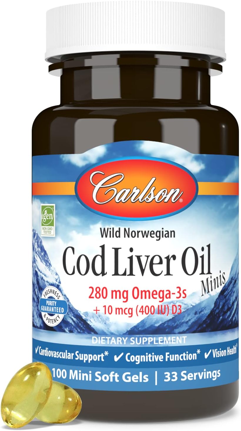 Carlson Cod Liver Oil Mini Softgels - Heart & Cognitive Support, Vision Health - 100 Count