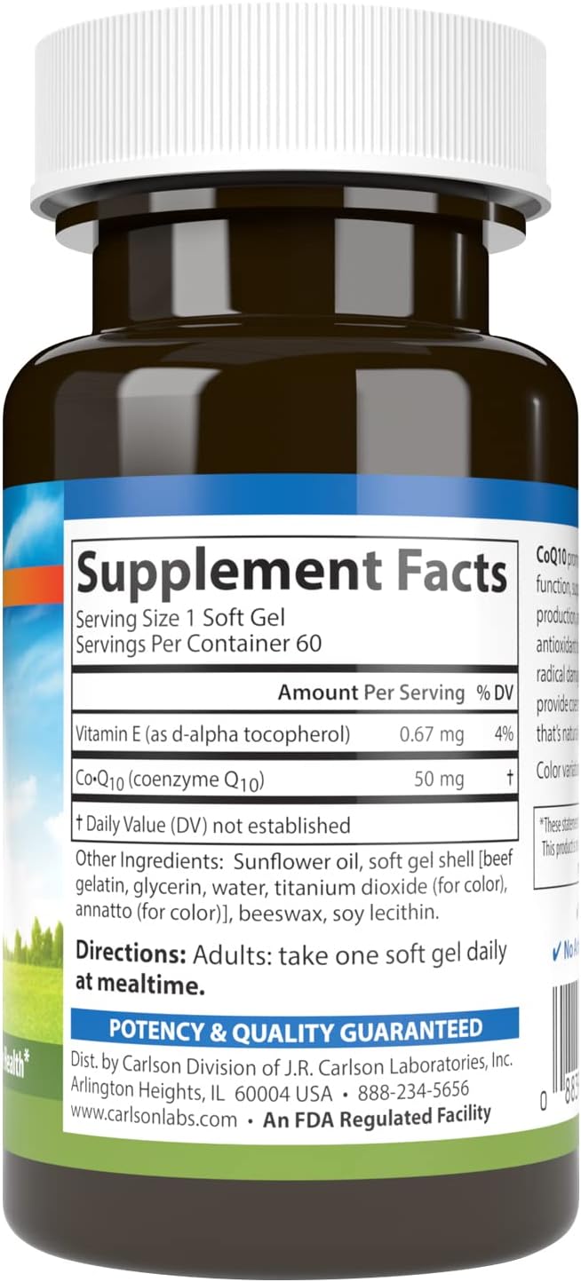 Carlson CoQ10 50mg Softgels for Energy and Heart Health - 60 Count