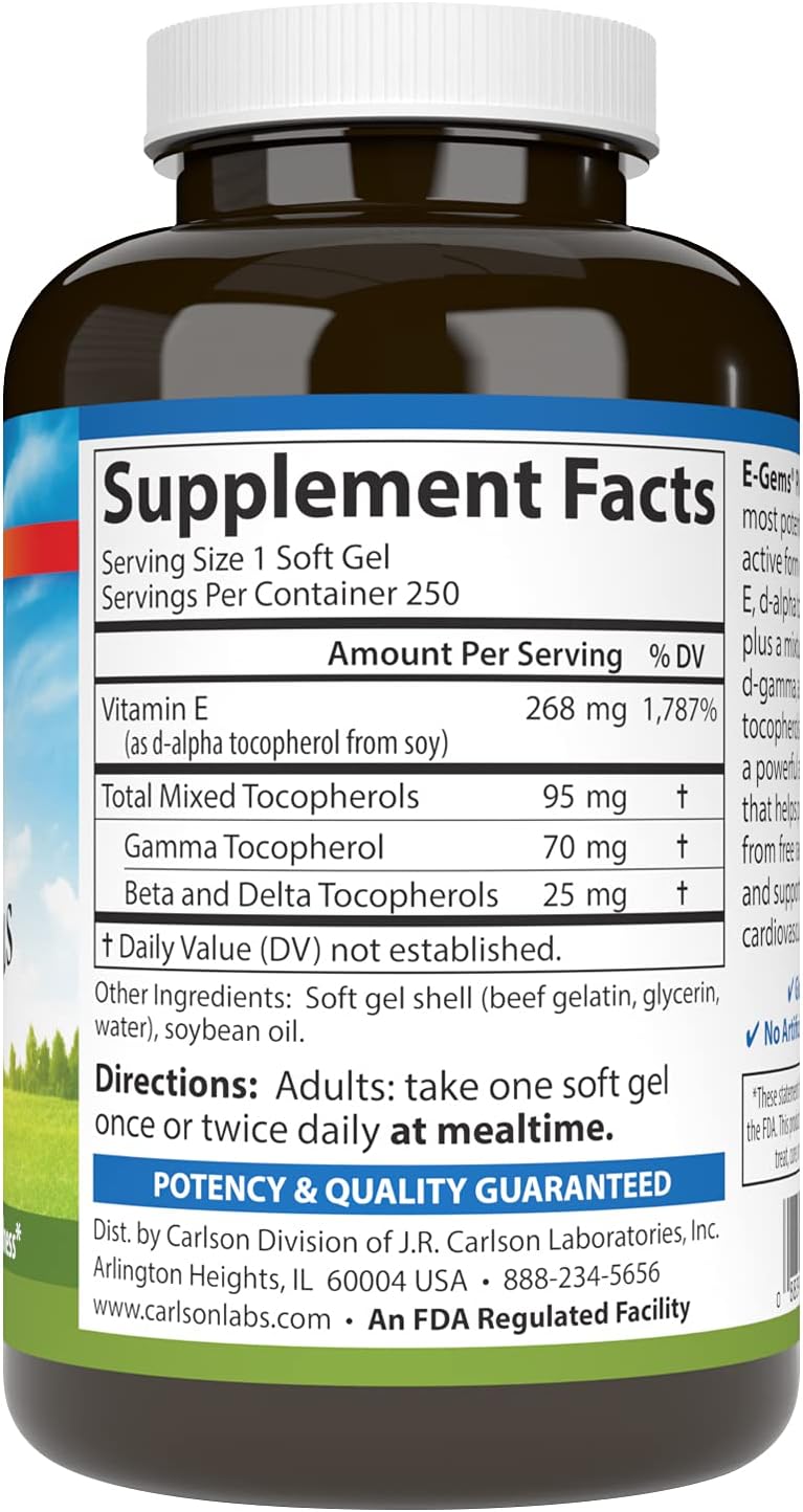 Carlson E-Gems Plus Natural Vitamin E 400 IU Soft Gels - Heart Health Support - 250 Count