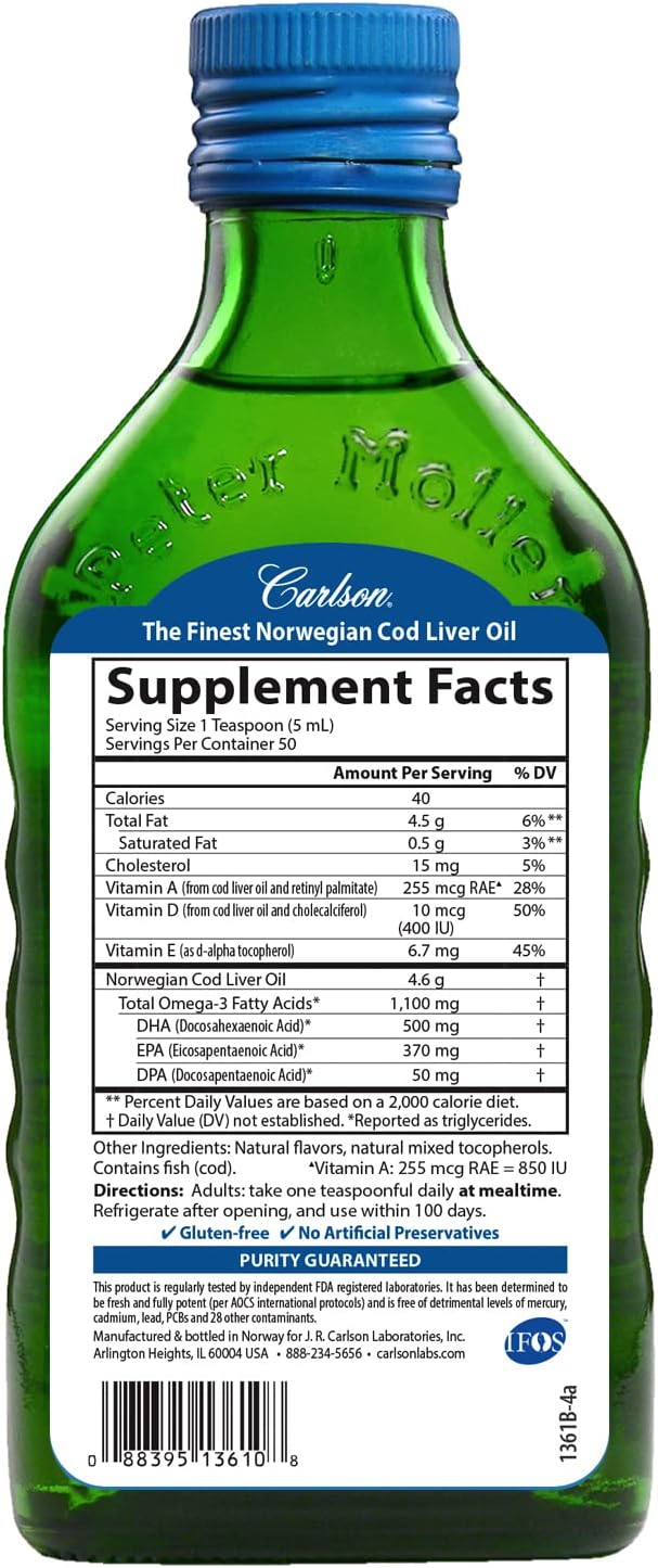 Carlson Fruit Splash Norwegian Cod Liver Oil with Omega-3s EPA & DHA for Heart, Brain, Vision & Joint Health - 250 ml