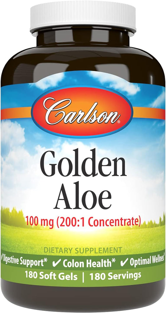 Carlson Golden Aloe Softgels - 100mg Concentrate for Digestive & Colon Health - 180 Capsules for Optimal Wellness