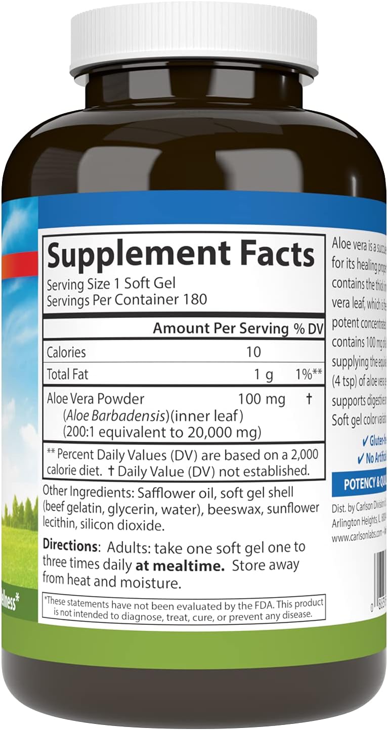 Carlson Golden Aloe Softgels - 100mg Concentrate for Digestive & Colon Health - 180 Capsules for Optimal Wellness
