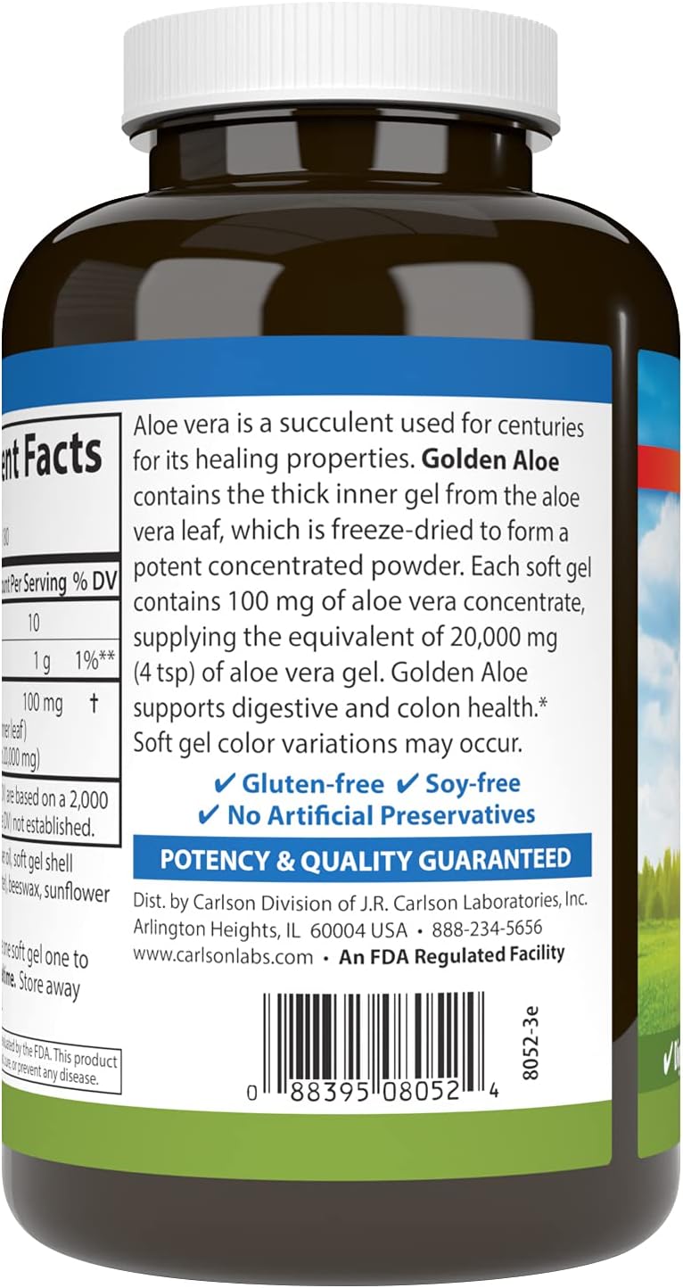 Carlson Golden Aloe Softgels - 100mg Concentrate for Digestive & Colon Health - 180 Capsules for Optimal Wellness