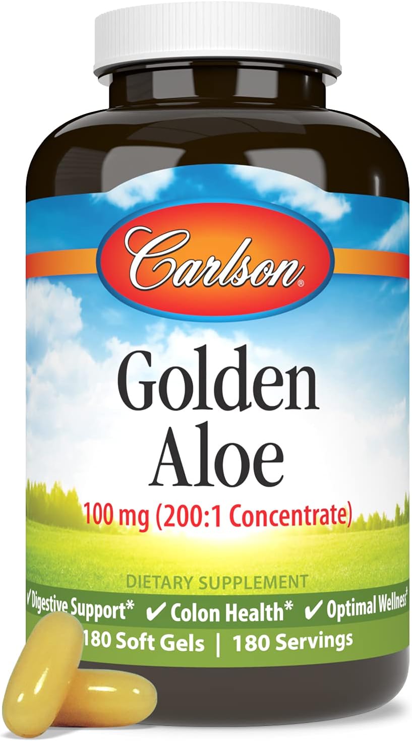 Carlson Golden Aloe Softgels - 100mg Concentrate for Digestive & Colon Health - 180 Capsules for Optimal Wellness