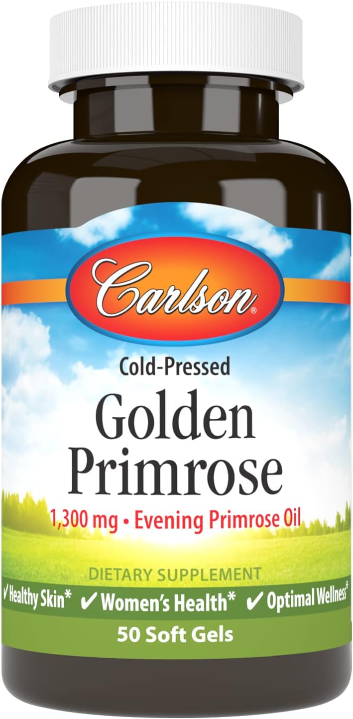 Carlson Golden Primrose Oil 1300mg Softgels for Healthy Skin and Women's Wellness, Cold-Pressed Formula, 50 Count