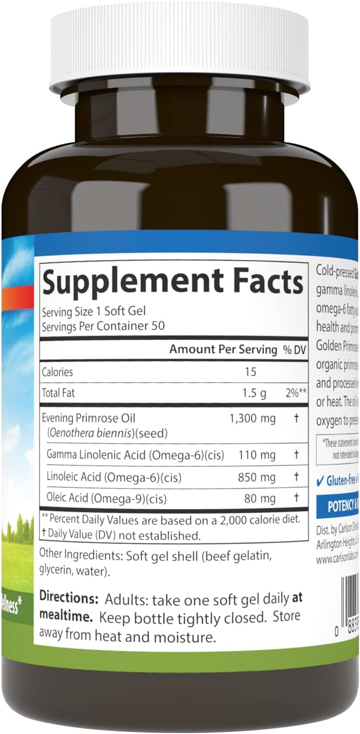 Carlson Golden Primrose Oil 1300mg Softgels for Healthy Skin and Women's Wellness, Cold-Pressed Formula, 50 Count