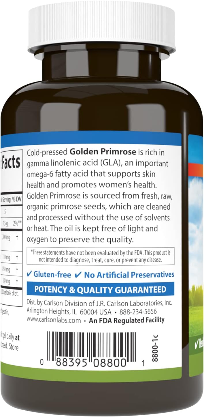 Carlson Golden Primrose Oil 1300mg Softgels for Healthy Skin and Women's Wellness, Cold-Pressed Formula, 50 Count