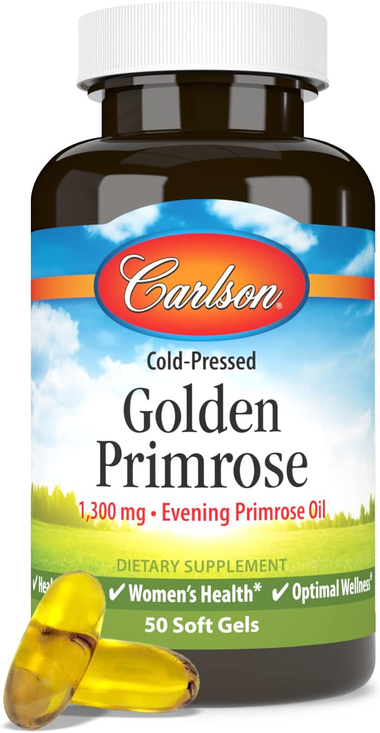 Carlson Golden Primrose Oil 1300mg Softgels for Healthy Skin and Women's Wellness, Cold-Pressed Formula, 50 Count