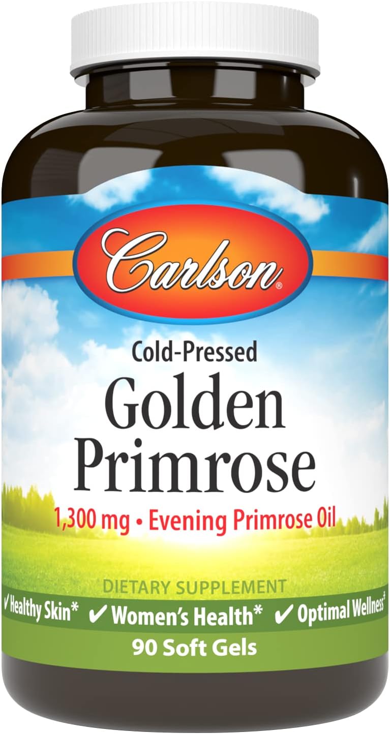 Carlson Golden Primrose Oil Softgels 1300mg - Cold-Pressed for Healthy Skin, Women's Health & Wellness - 90 Count