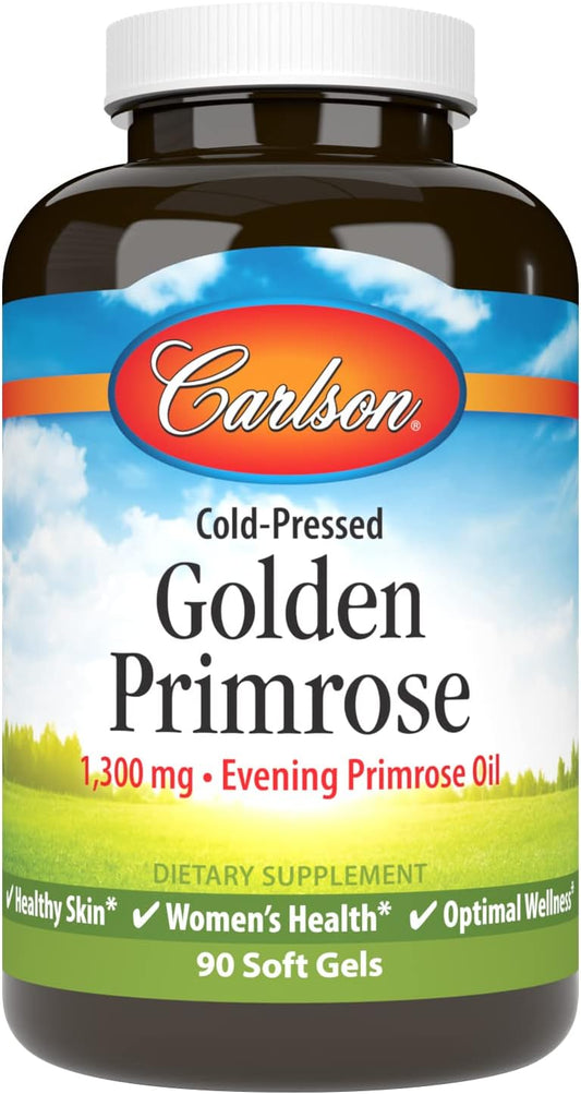 Carlson Golden Primrose Oil Softgels 1300mg - Cold-Pressed for Healthy Skin, Women's Health & Wellness - 90 Count