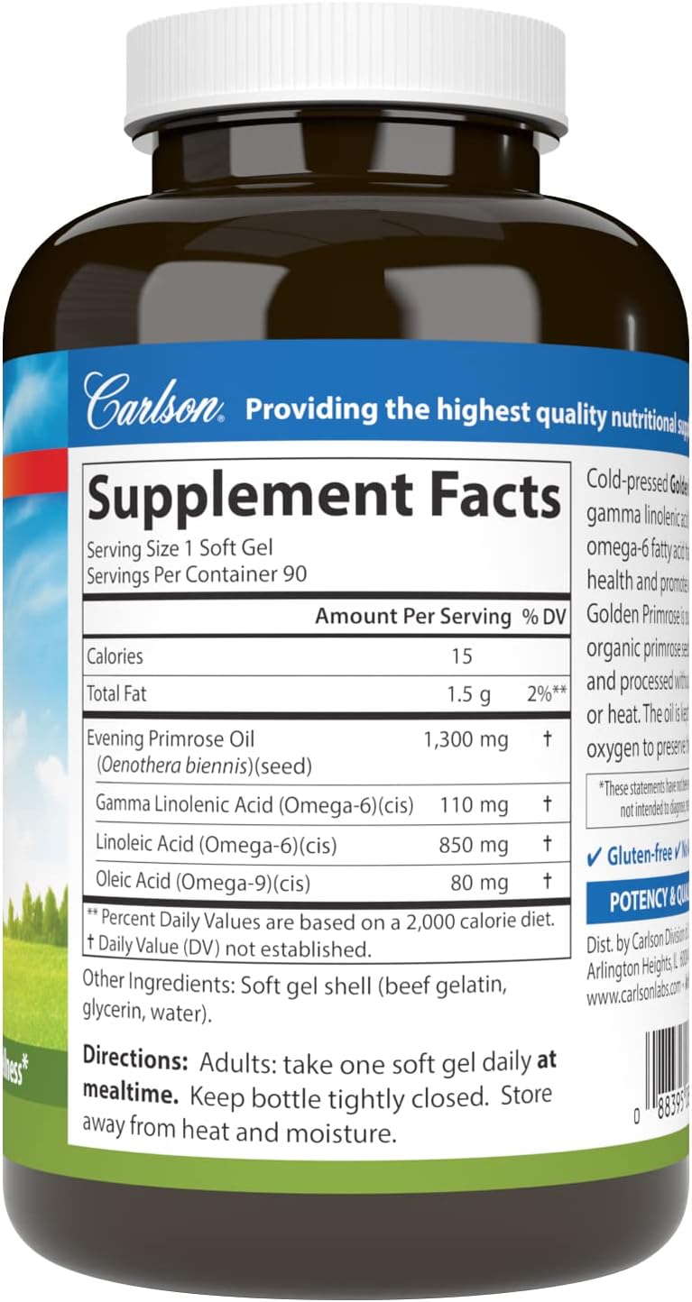 Carlson Golden Primrose Oil Softgels 1300mg - Cold-Pressed for Healthy Skin, Women's Health & Wellness - 90 Count