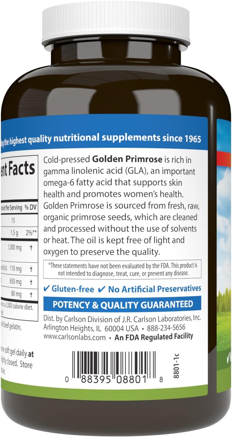 Carlson Golden Primrose Oil Softgels 1300mg - Cold-Pressed for Healthy Skin, Women's Health & Wellness - 90 Count