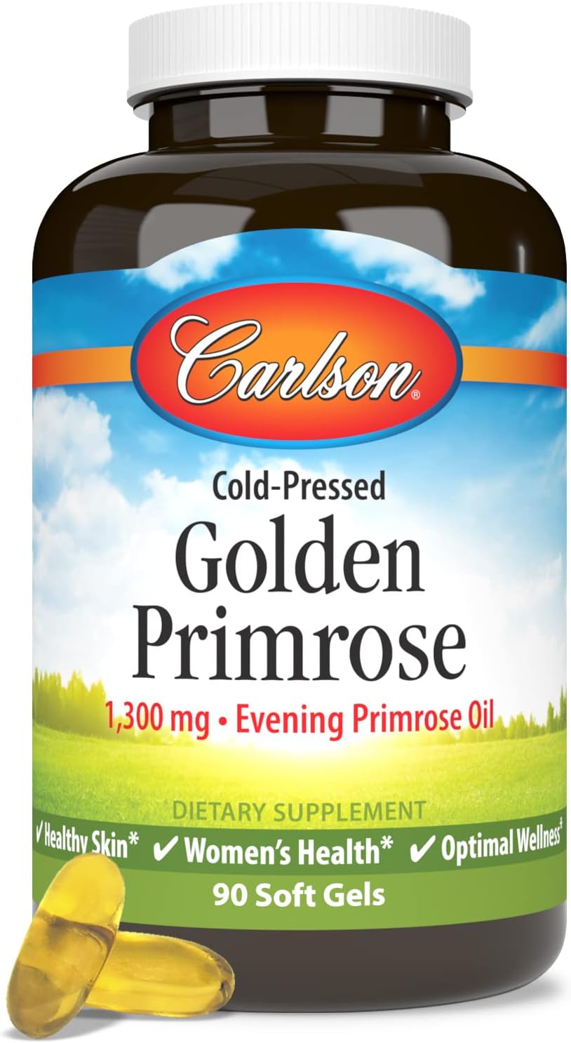 Carlson Golden Primrose Oil Softgels 1300mg - Cold-Pressed for Healthy Skin, Women's Health & Wellness - 90 Count