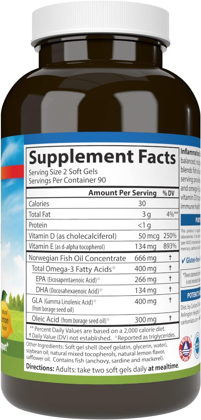 Carlson Inflammation Balance Omega-3 & Omega-6 Supplement with D3 - Norwegian Fish Oil Capsules - 180 Softgels