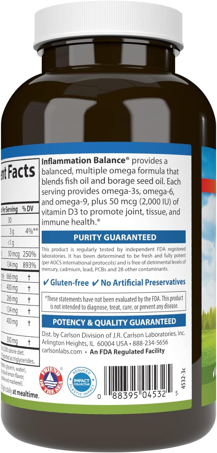 Carlson Inflammation Balance Omega-3 & Omega-6 Supplement with D3 - Norwegian Fish Oil Capsules - 180 Softgels
