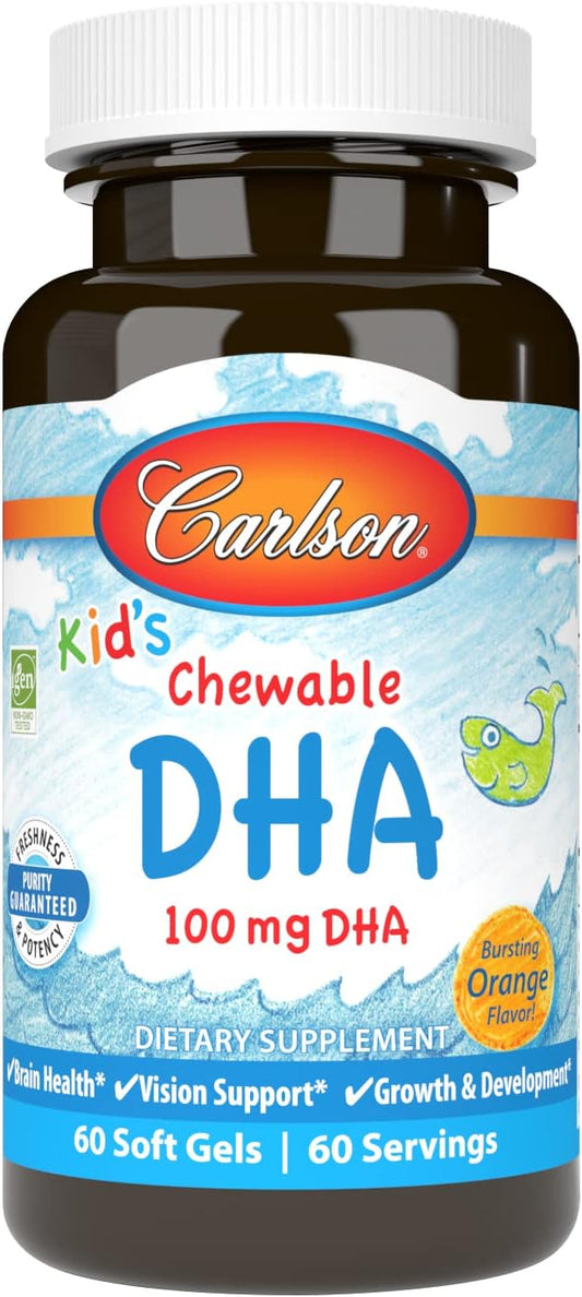 Carlson Kid's Chewable DHA Softgels - 100 mg DHA for Brain & Vision, Growth & Development - Orange Flavor - 60 Count
