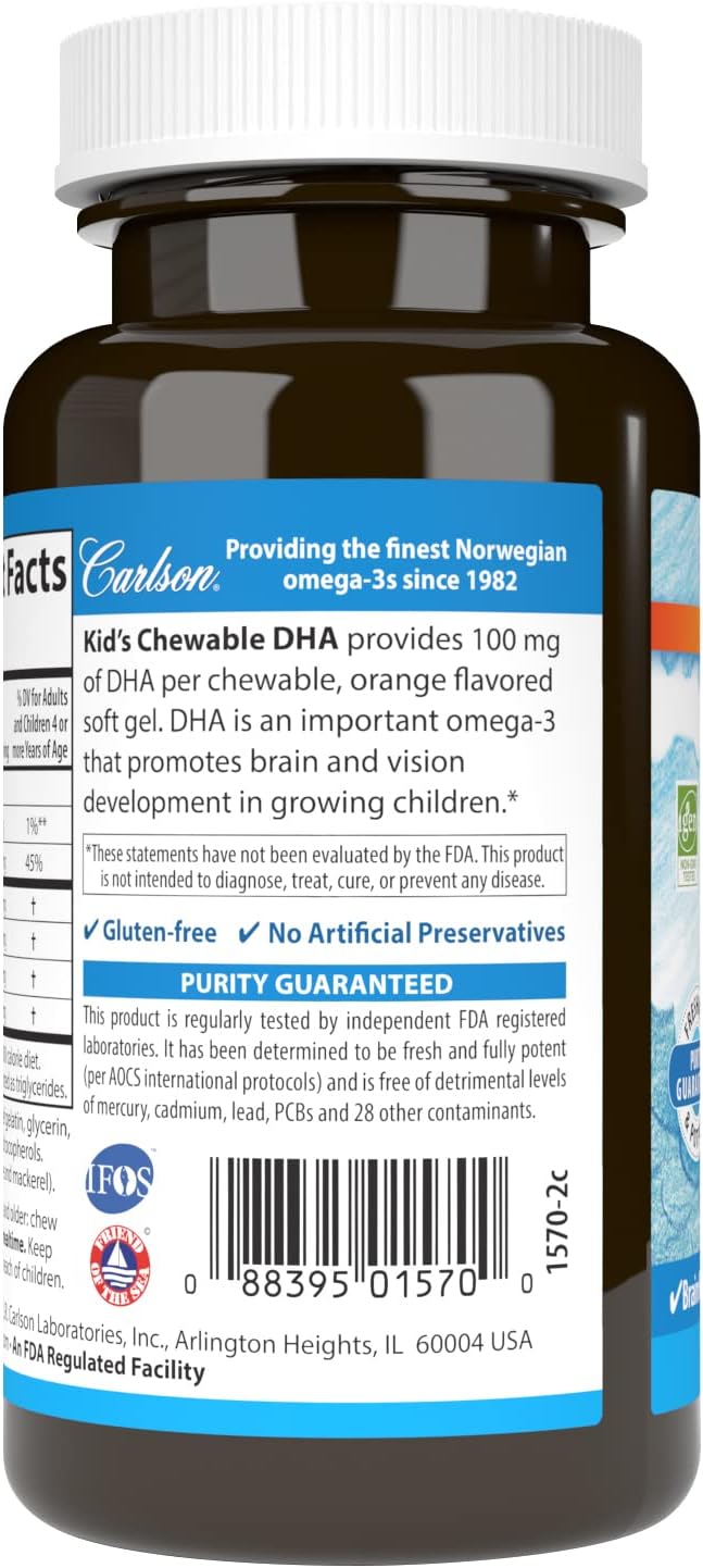 Carlson Kid's Chewable DHA Softgels - 100 mg DHA for Brain & Vision, Growth & Development - Orange Flavor - 60 Count