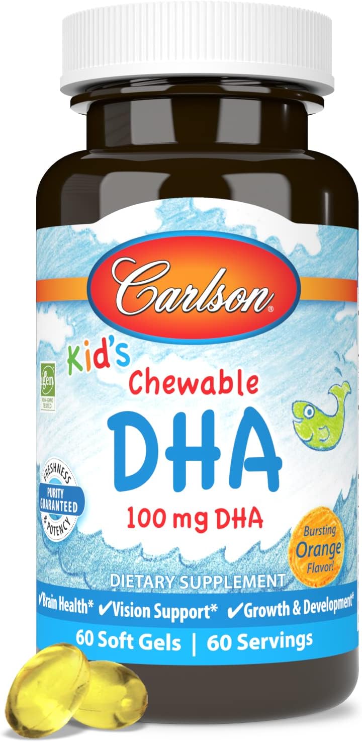 Carlson Kid's Chewable DHA Softgels - 100 mg DHA for Brain & Vision, Growth & Development - Orange Flavor - 60 Count