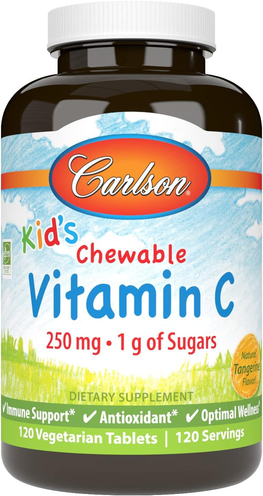 Carlson Kid's Chewable Vitamin C Tablets - 250mg, 1g Sugar, Immune Support, Antioxidant, Tangerine Flavor, 120 Count