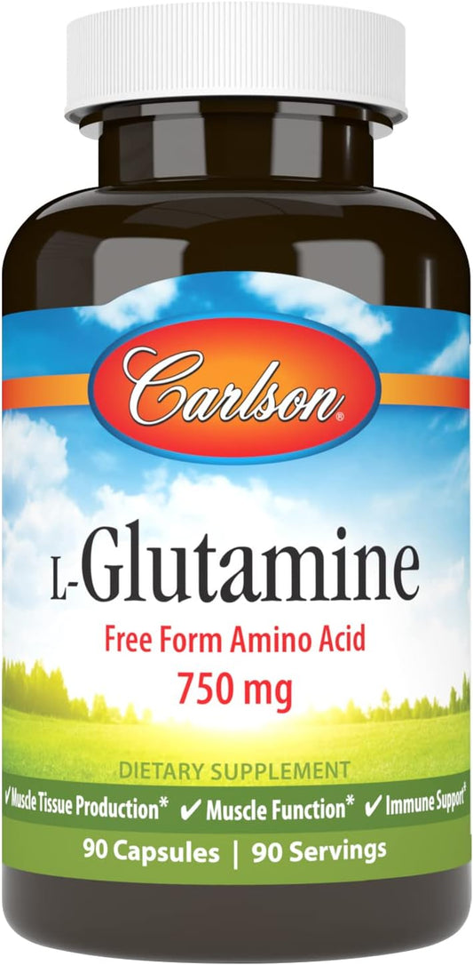 Carlson L-Glutamine 750mg Free-Form Amino Acid Capsules for Muscle Tissue Production - 90 Count