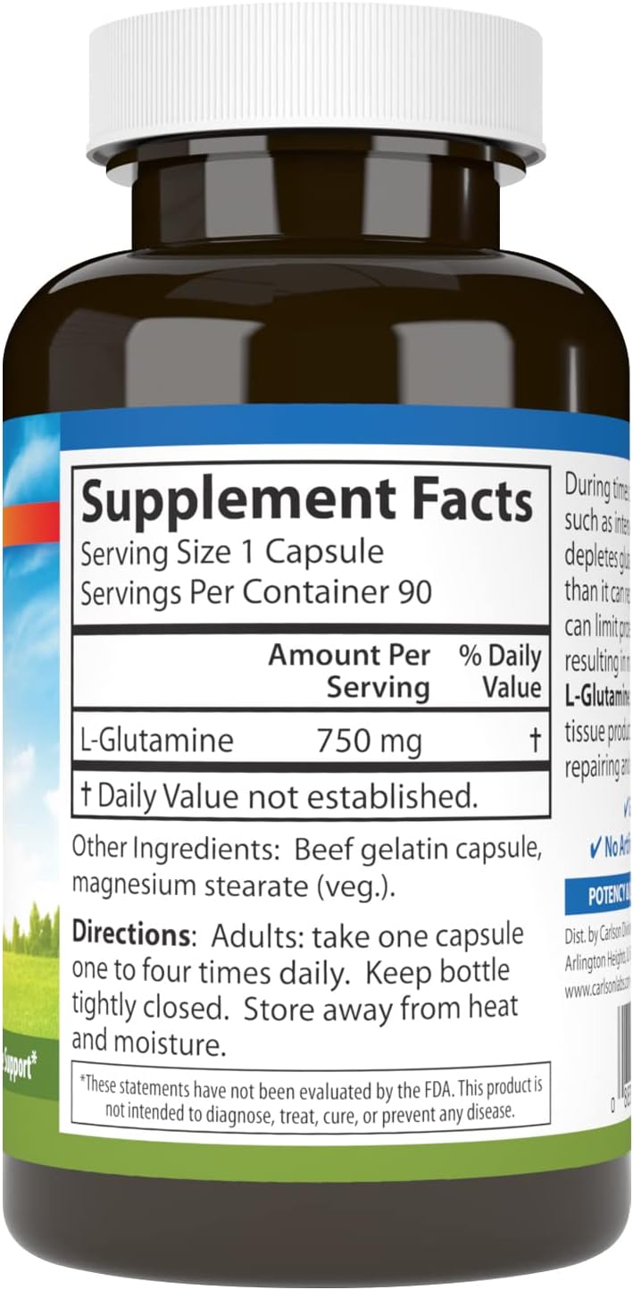 Carlson L-Glutamine 750mg Free-Form Amino Acid Capsules for Muscle Tissue Production - 90 Count