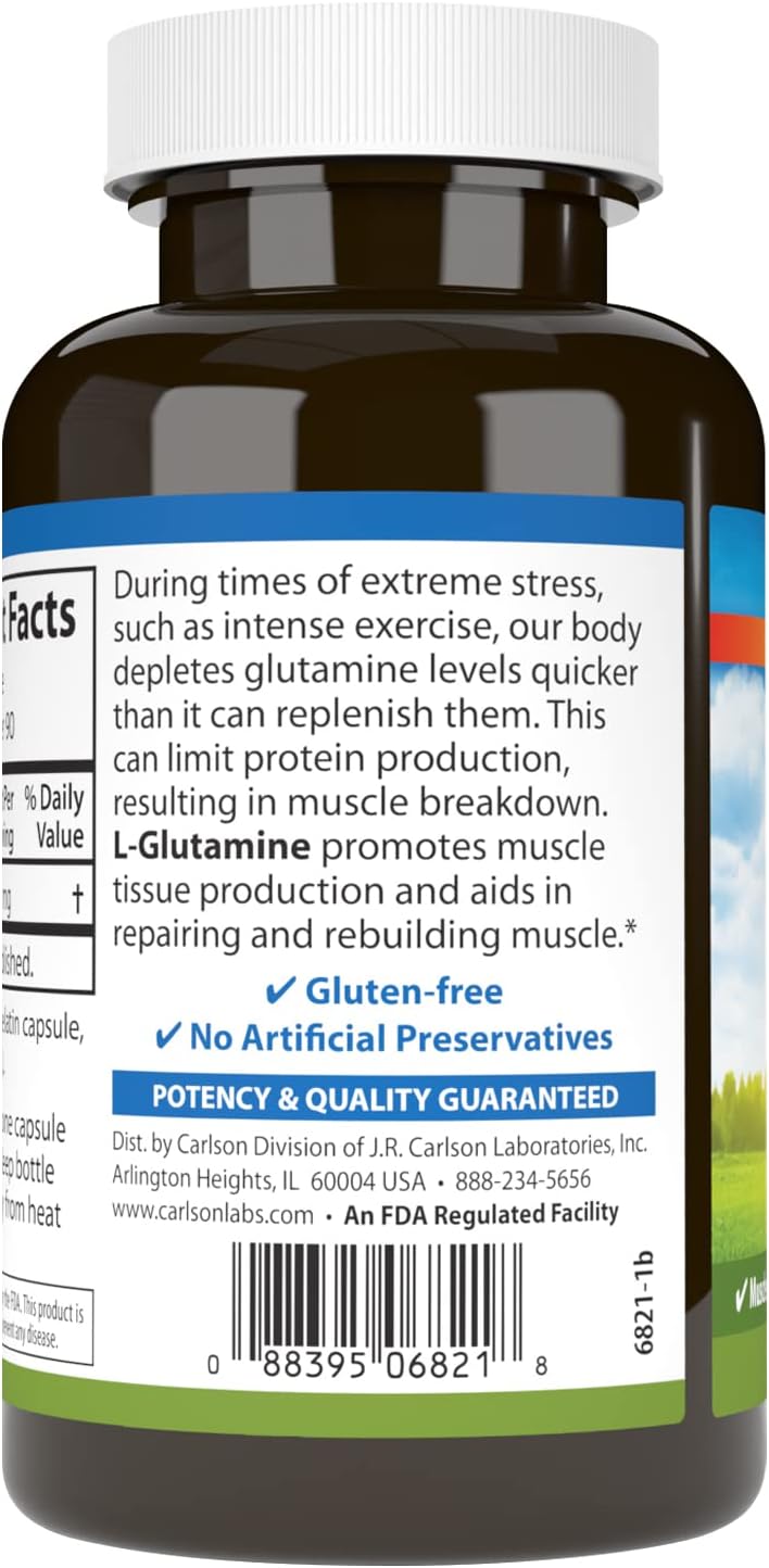 Carlson L-Glutamine 750mg Free-Form Amino Acid Capsules for Muscle Tissue Production - 90 Count