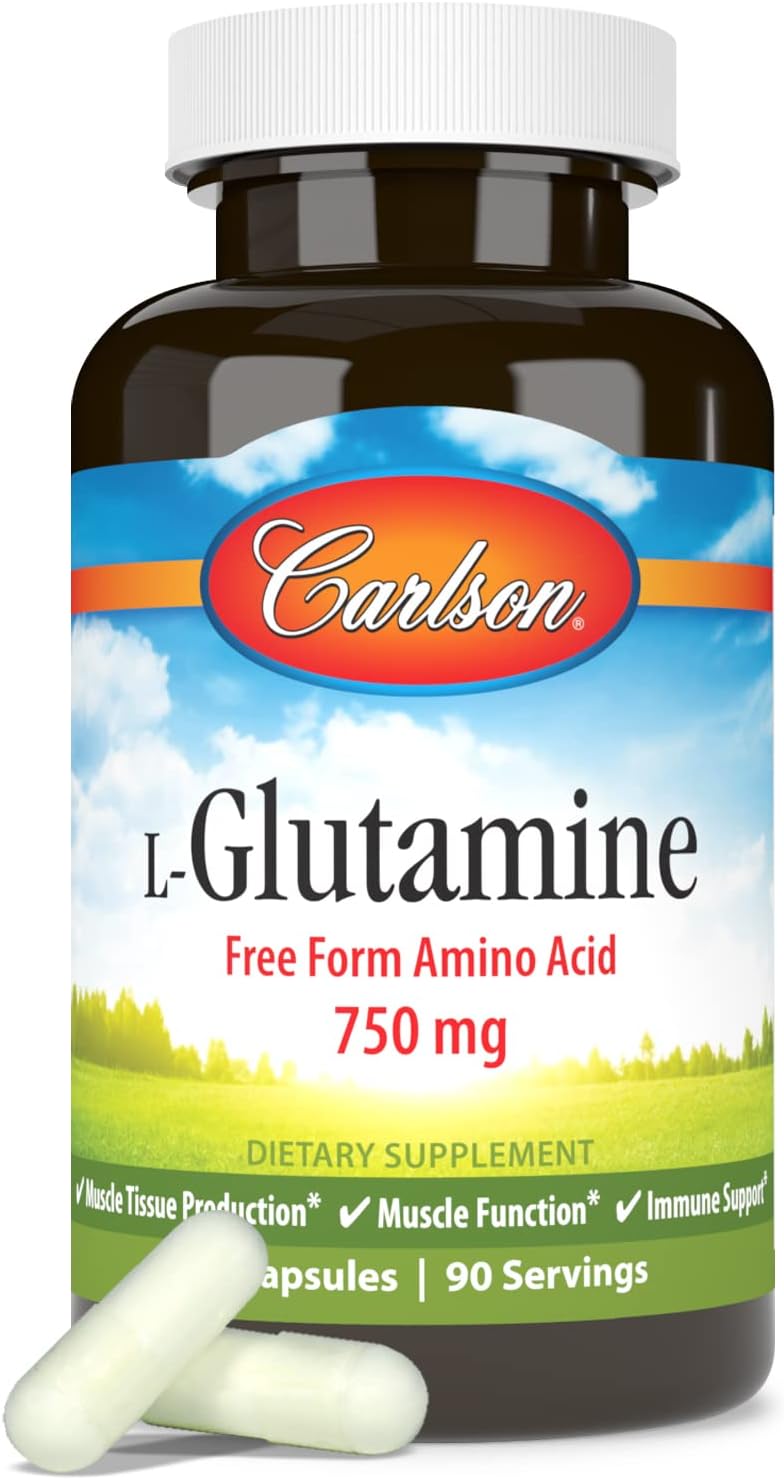 Carlson L-Glutamine 750mg Free-Form Amino Acid Capsules for Muscle Tissue Production - 90 Count