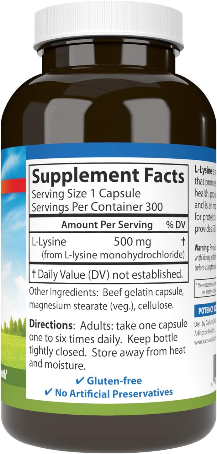 Carlson L-Lysine 500 mg Capsules - Promotes Healthy Tissue & Muscle Growth - 300 Count