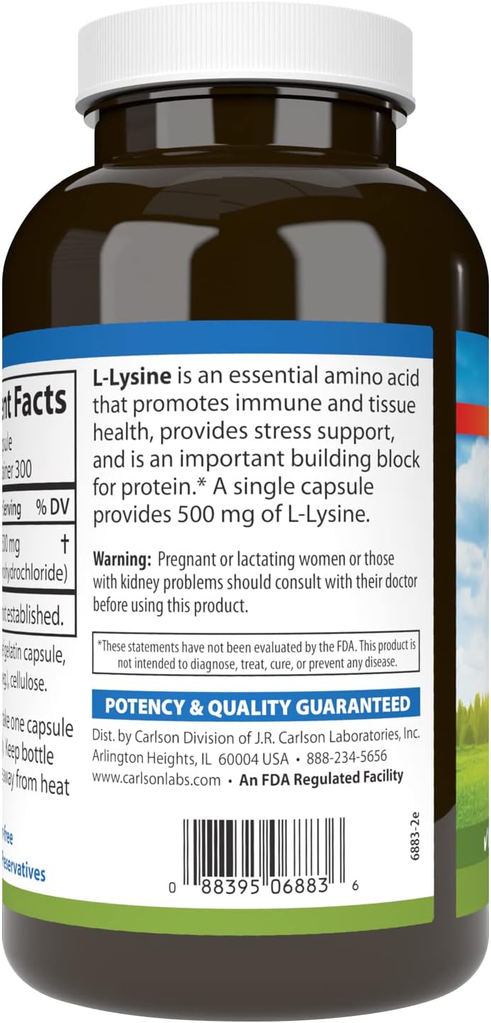 Carlson L-Lysine 500 mg Capsules - Promotes Healthy Tissue & Muscle Growth - 300 Count