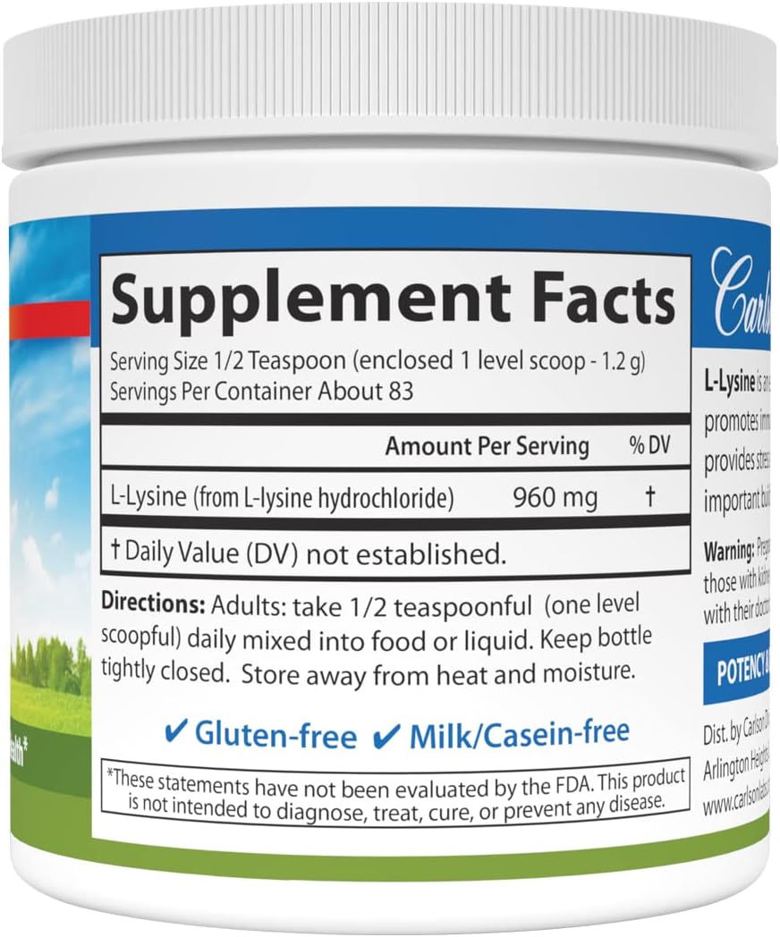 Carlson L-Lysine Powder 960mg - Free-Form Amino Acid for Healthy Tissue & Muscle - 3.53 oz (100 g)
