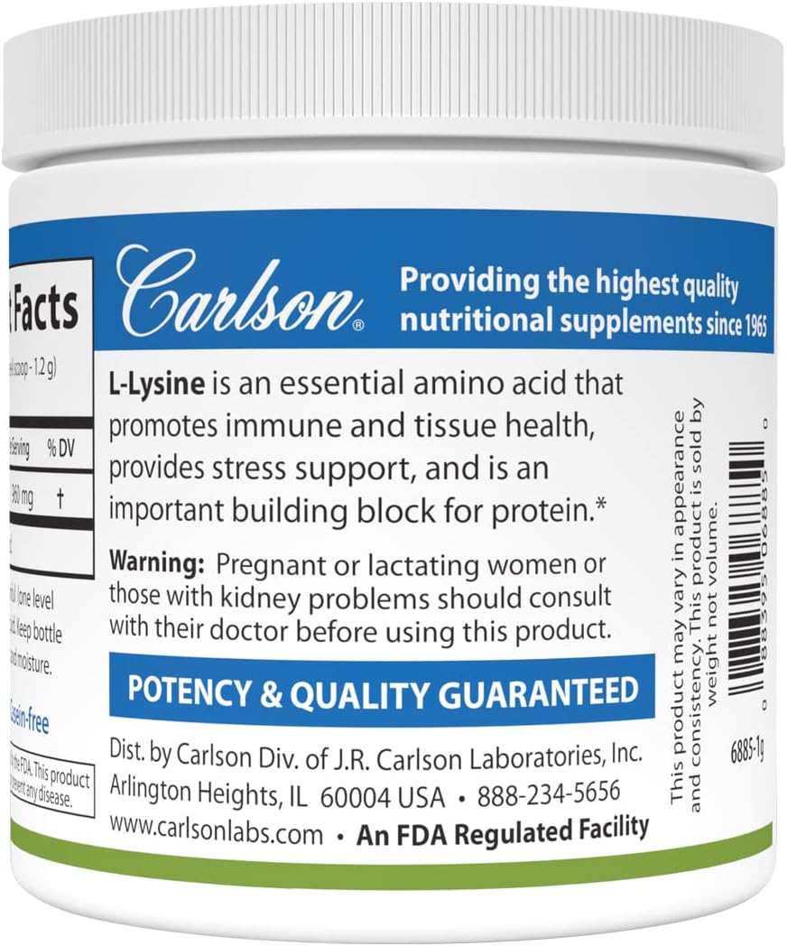 Carlson L-Lysine Powder 960mg - Free-Form Amino Acid for Healthy Tissue & Muscle - 3.53 oz (100 g)