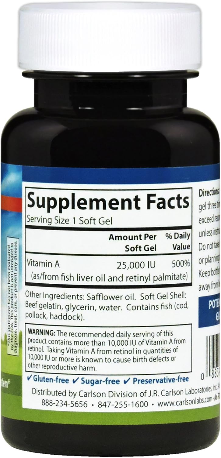 Carlson Laboratories Vitamin A 25000 IU 100 Softgels - High Potency Supplement for Immune Health