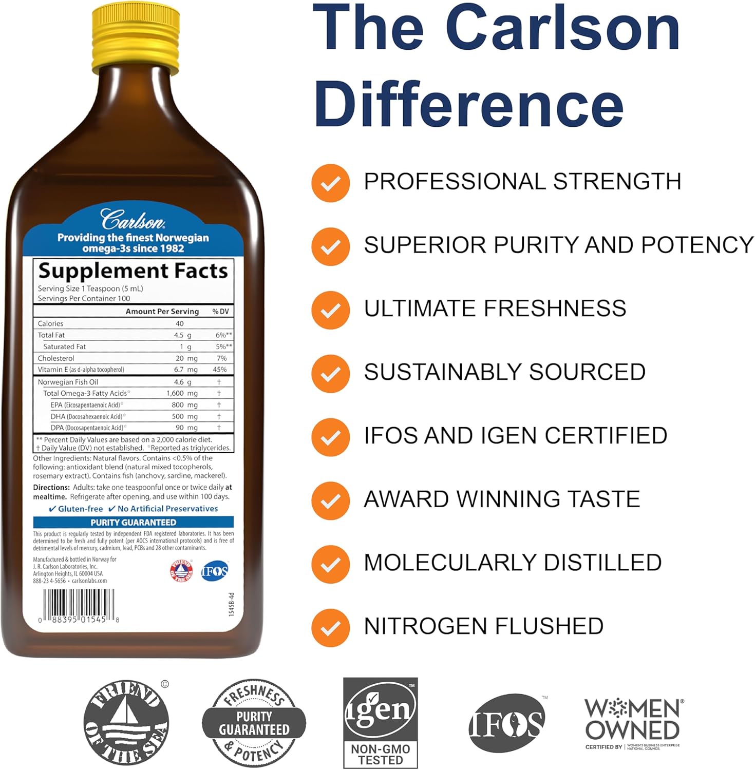Carlson Labs Lemon-flavored Fish Oil Supplement, 16.9 oz Bottle