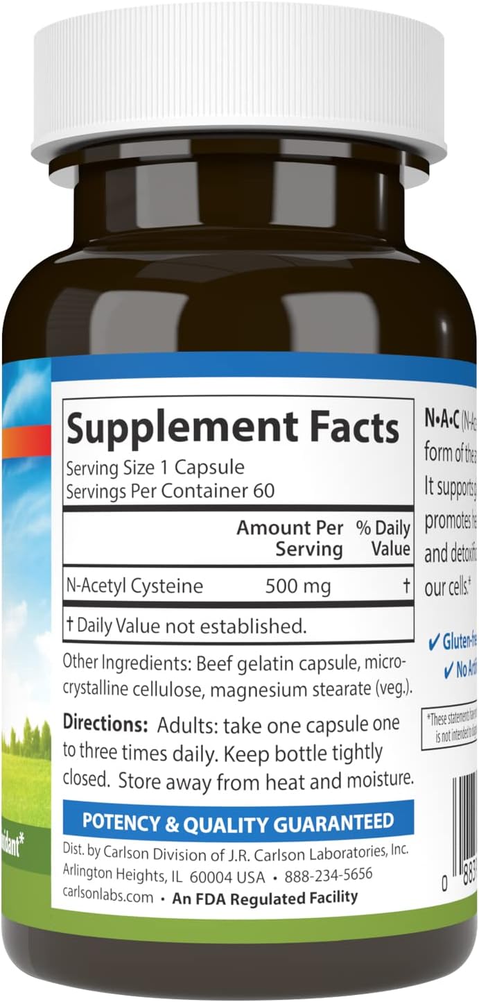 Carlson Labs NAC N-Acetyl Cysteine Supplement, 500mg, 60 Capsules - Supports Respiratory Health and Antioxidant Defense