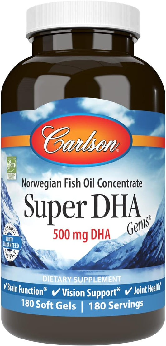 Carlson Labs Super DHA 500 mg Softgels - 180 Count - Omega-3 Supplement for Brain & Heart Health