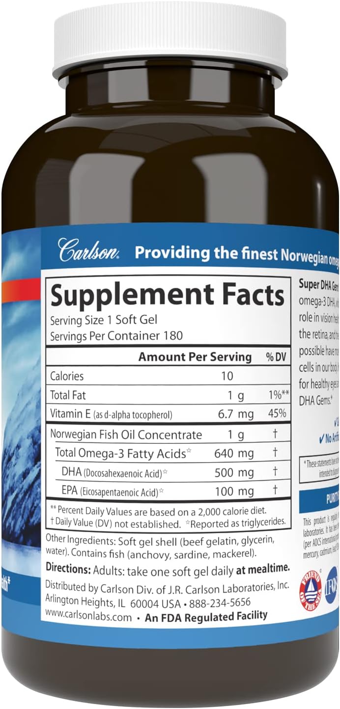 Carlson Labs Super DHA 500 mg Softgels - 180 Count - Omega-3 Supplement for Brain & Heart Health