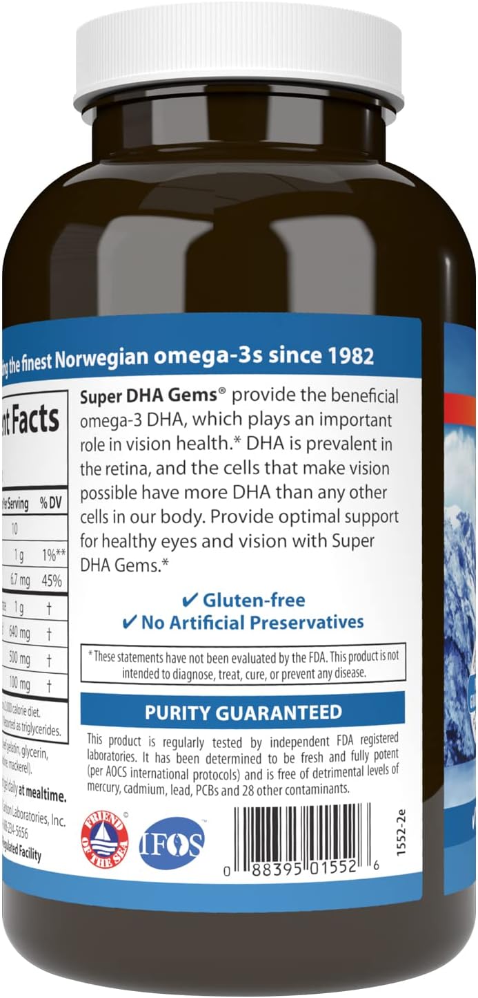 Carlson Labs Super DHA 500 mg Softgels - 180 Count - Omega-3 Supplement for Brain & Heart Health