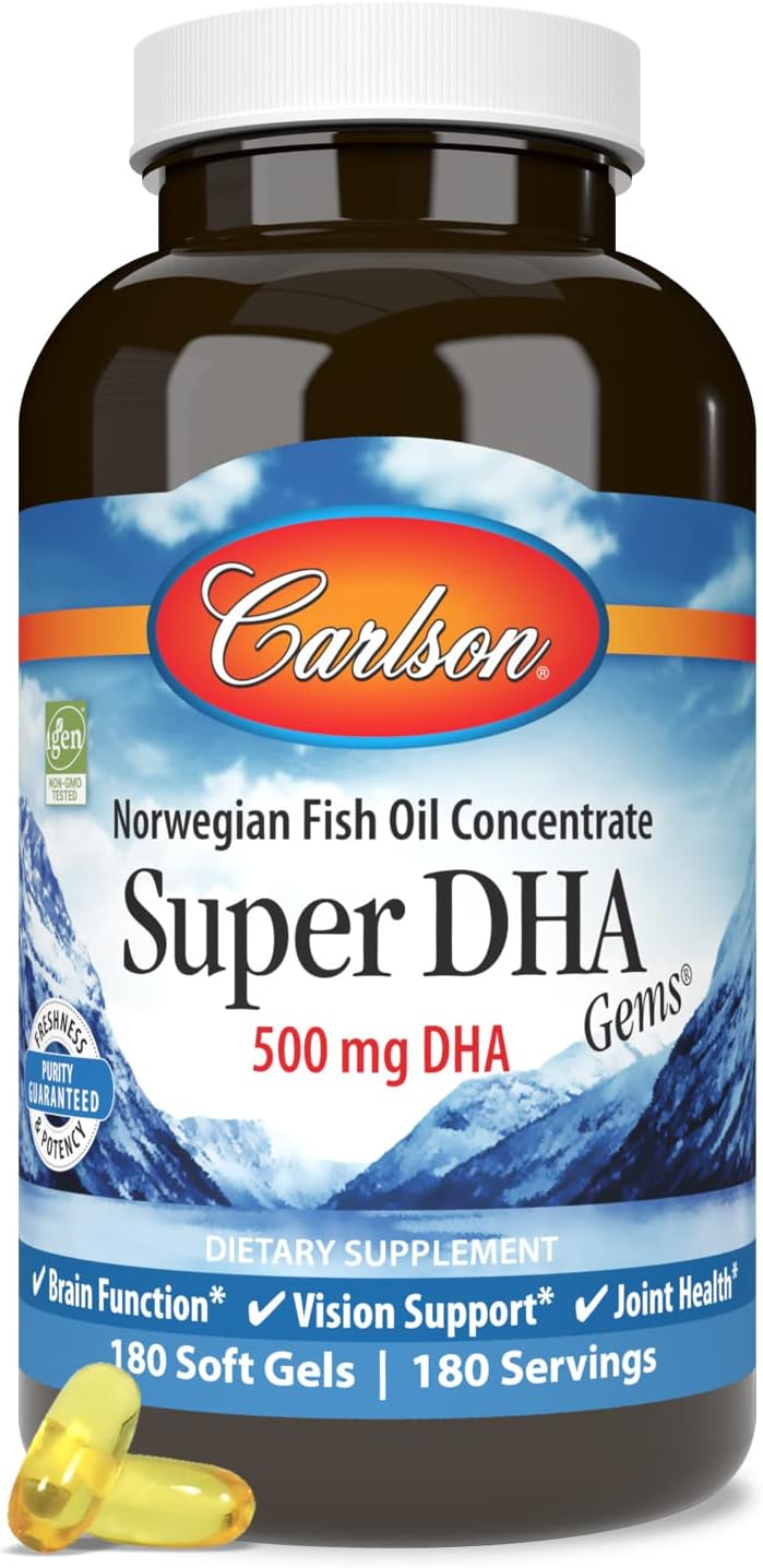 Carlson Labs Super DHA 500 mg Softgels - 180 Count - Omega-3 Supplement for Brain & Heart Health