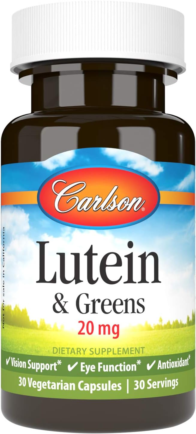 Carlson Lutein & Greens 20mg Capsules - Vision Support & Eye Function - Antioxidant - 30 Vegetarian Capsules