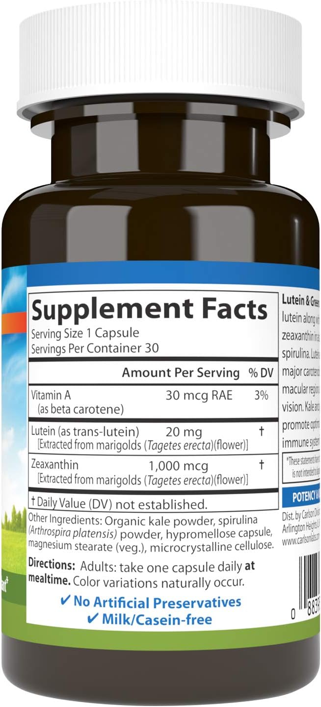 Carlson Lutein & Greens 20mg Capsules - Vision Support & Eye Function - Antioxidant - 30 Vegetarian Capsules
