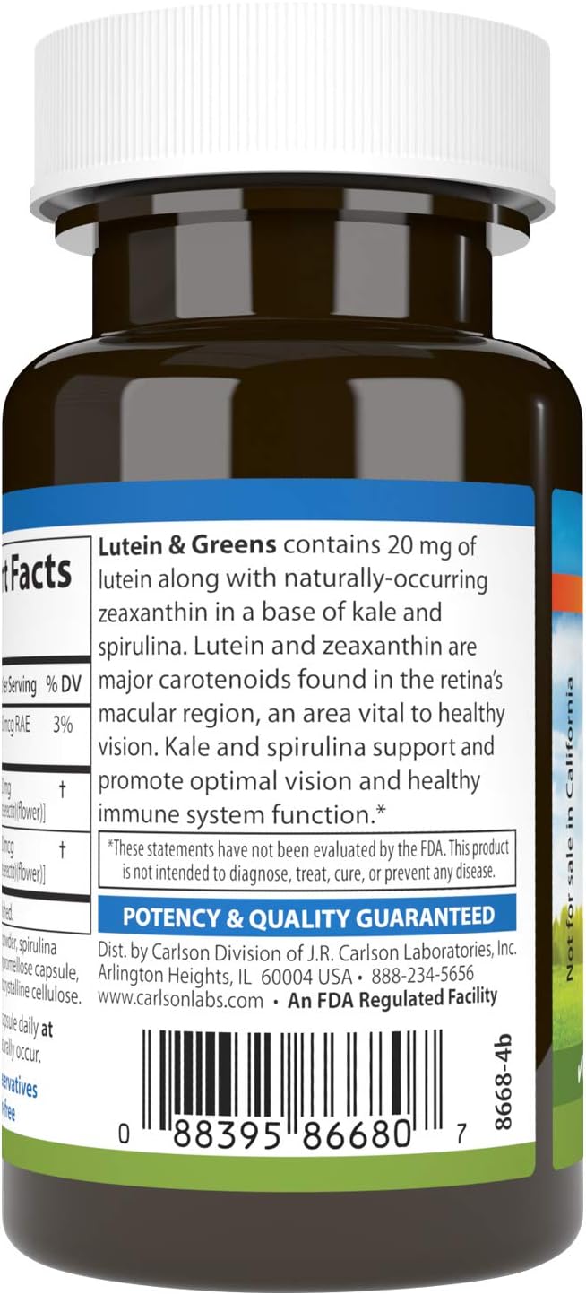 Carlson Lutein & Greens 20mg Capsules - Vision Support & Eye Function - Antioxidant - 30 Vegetarian Capsules