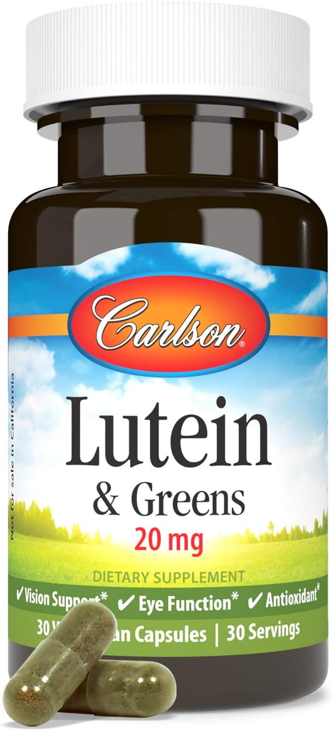 Carlson Lutein & Greens 20mg Capsules - Vision Support & Eye Function - Antioxidant - 30 Vegetarian Capsules
