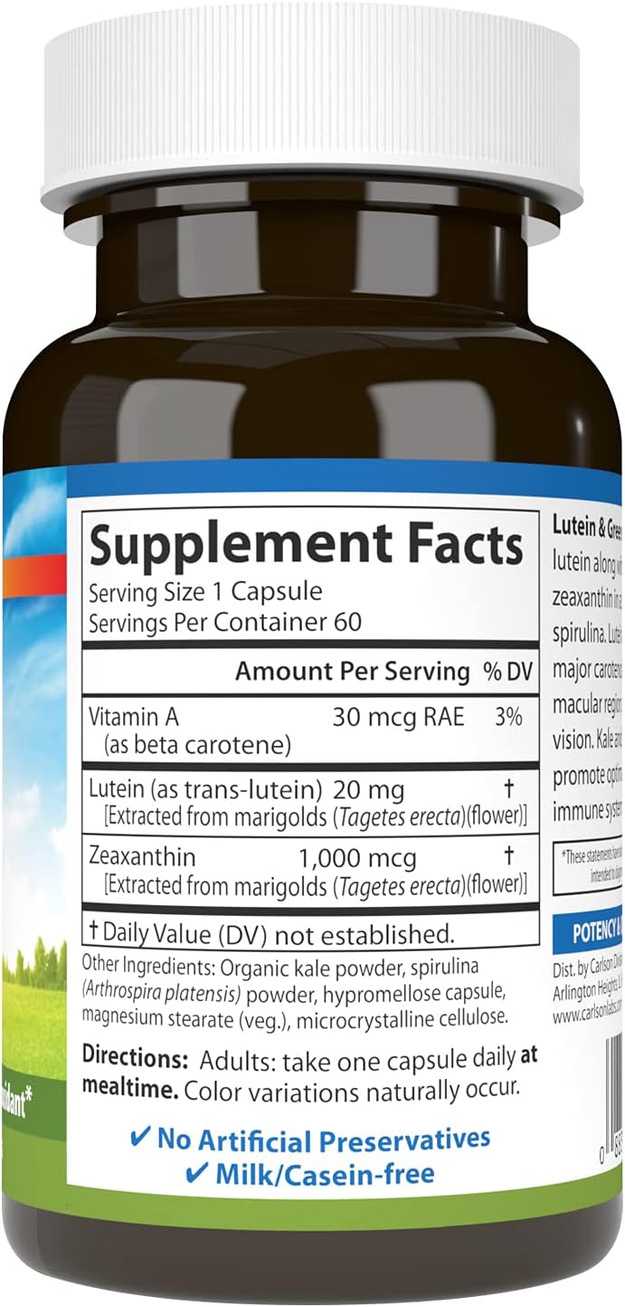 Carlson Lutein & Greens Capsules - 20mg for Vision Support, Eye Function, Antioxidant - 60 Vegetarian Capsules