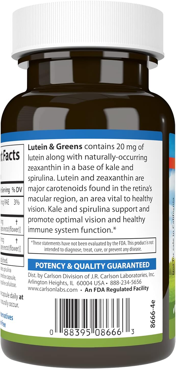 Carlson Lutein & Greens Capsules - 20mg for Vision Support, Eye Function, Antioxidant - 60 Vegetarian Capsules